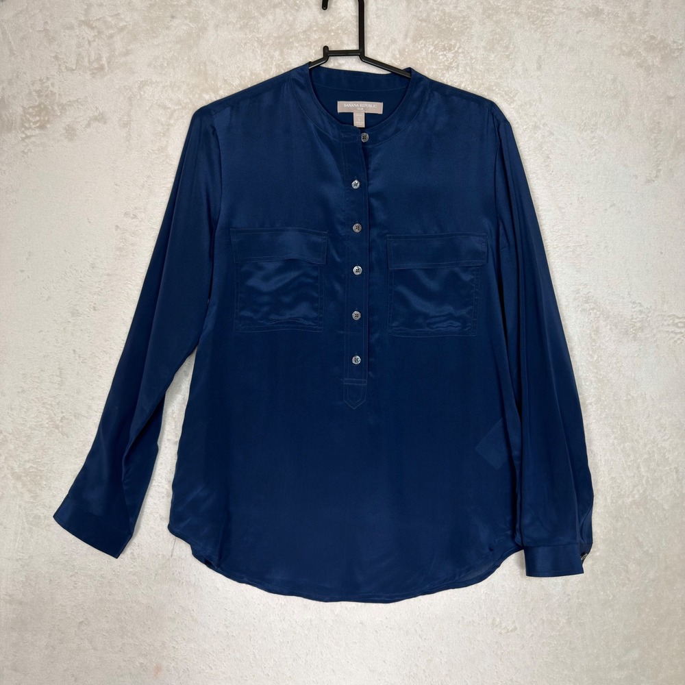 Banana Republic Navy Blue 100% Silk Long Sleeve Henley Blouse Minimalist Luxury